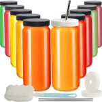 16oz 8 Pack Drinking Glasses with Bamboo Lids and Straw, RUCKAE Beer Can Glass Cups,Iced Coffee Cup,Glass Tumbler with Straw and Lid, Can Shaped Glass Cups for Beer,Smoothies,Cocktail,Whiskey